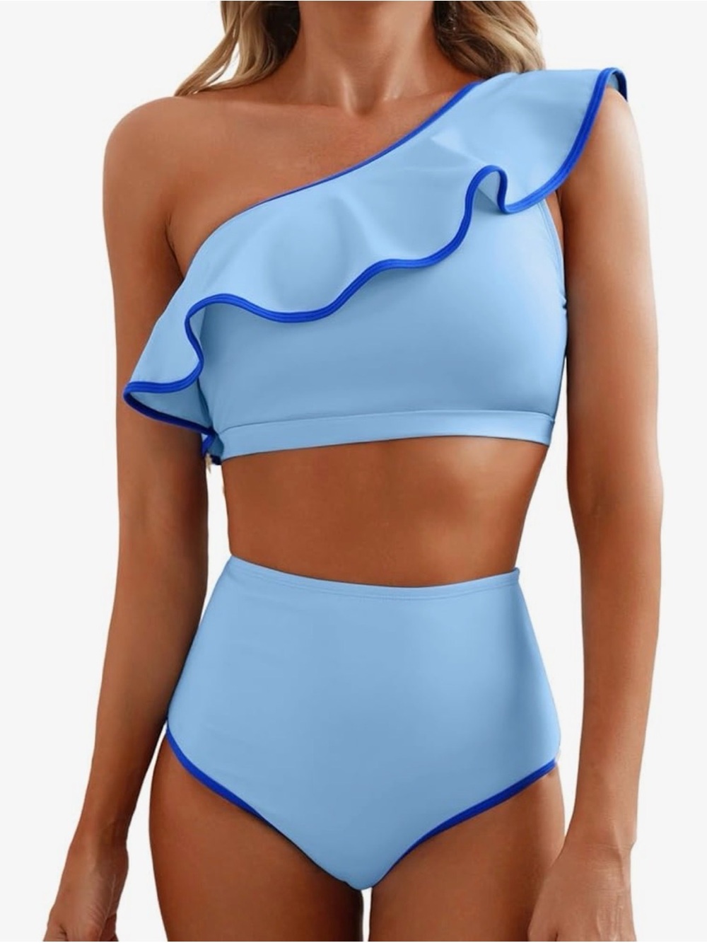 Amazon Light Blue One-Shoulder Ruffle High-Waist Bikini with Royal Blue Trim L